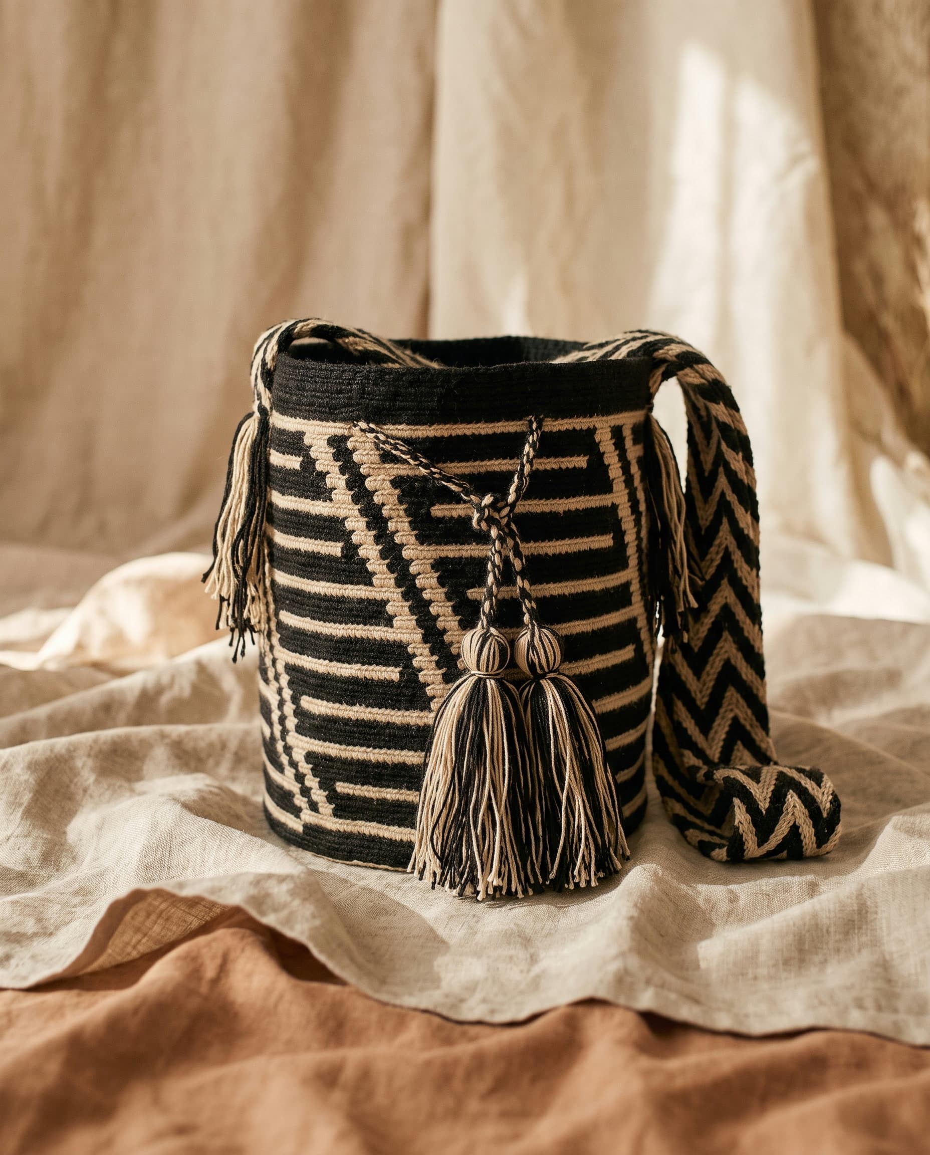 Handgewebte Wayuu-Mochila mit diagonalem Muster in Kohle und Sand