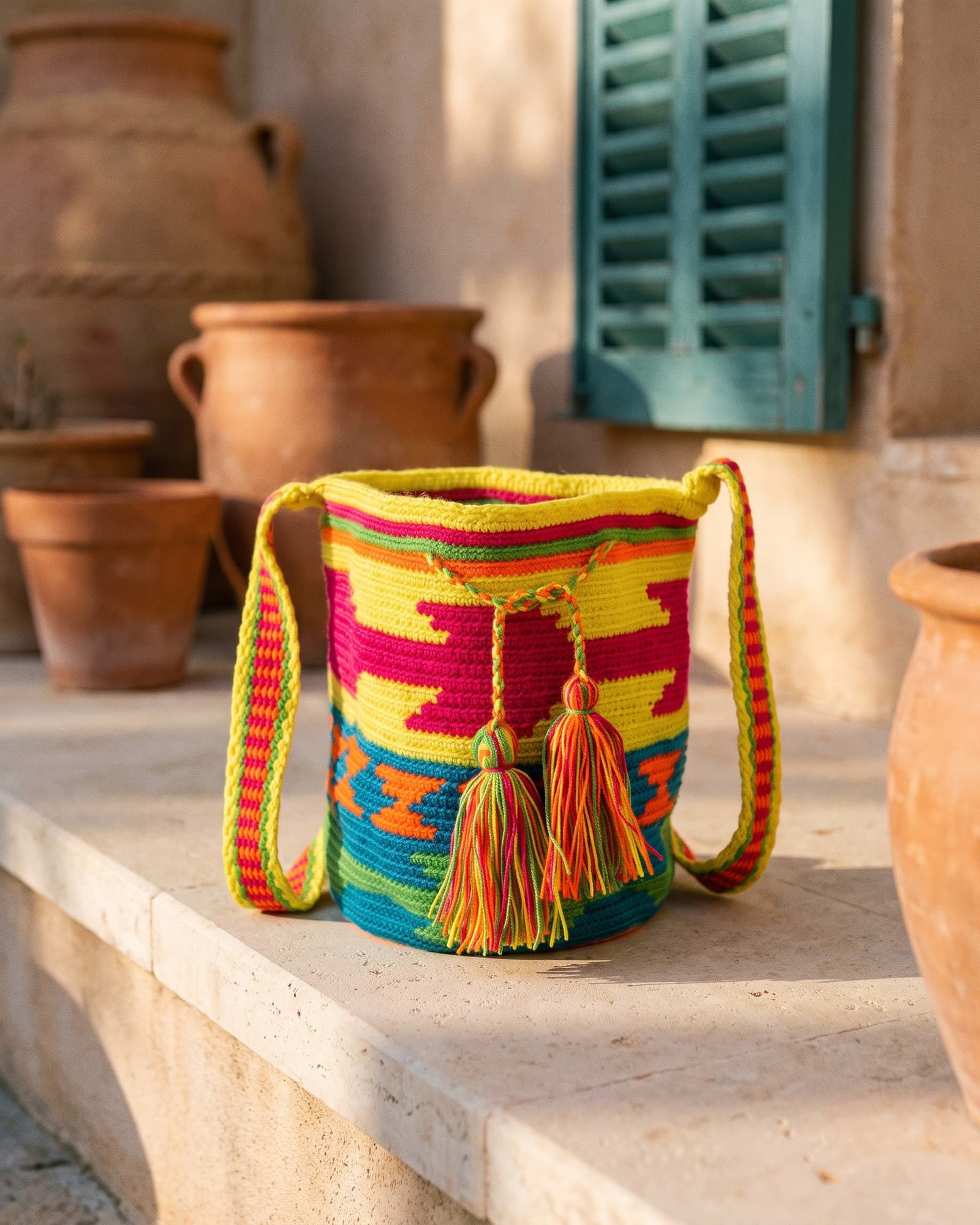 Mochila Geométrica · Limón als Stillleben auf Leinen im warmen Tageslicht — zitronengelber Korpus mit magentafarbenen Winkelfiguren, unten ein petrolblaues Band, daneben zwei bunte Quasten.