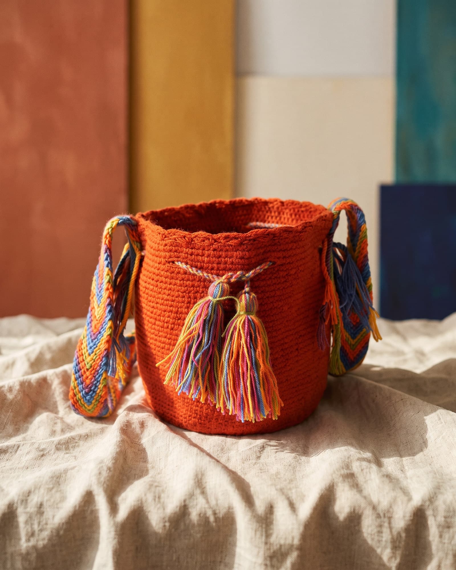 Orangerote Mochila Lisa auf Leinen im warmen Tageslicht, breiter Henkel in Regenbogenfarben, zwei bunte Quasten.