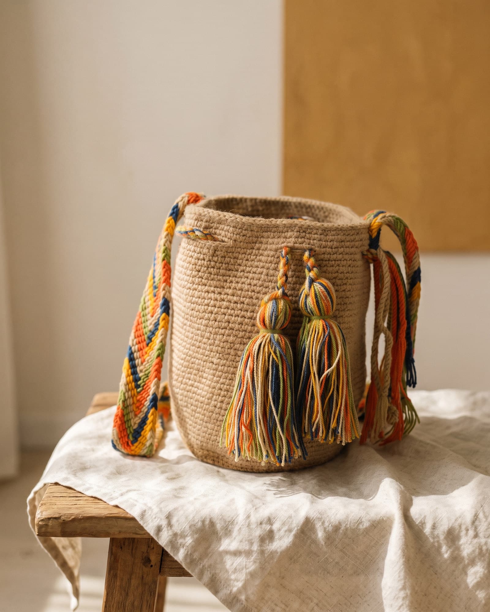 Mochila Lisa · Camel als Stillleben auf Leinen im warmen Tageslicht — schlichter camelfarbener Korpus, dazu ein vielfarbig geflochtener Henkel und zwei Quasten in Orange, Petrol und Olive.