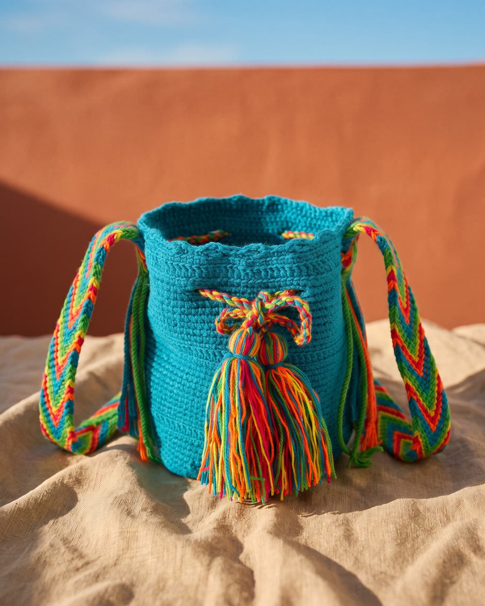 Türkisfarbene Mochila Lisa als Stillleben auf Leinen in warmem Tageslicht, mit bunt geflochtenem Henkel und vielfarbiger Quaste.