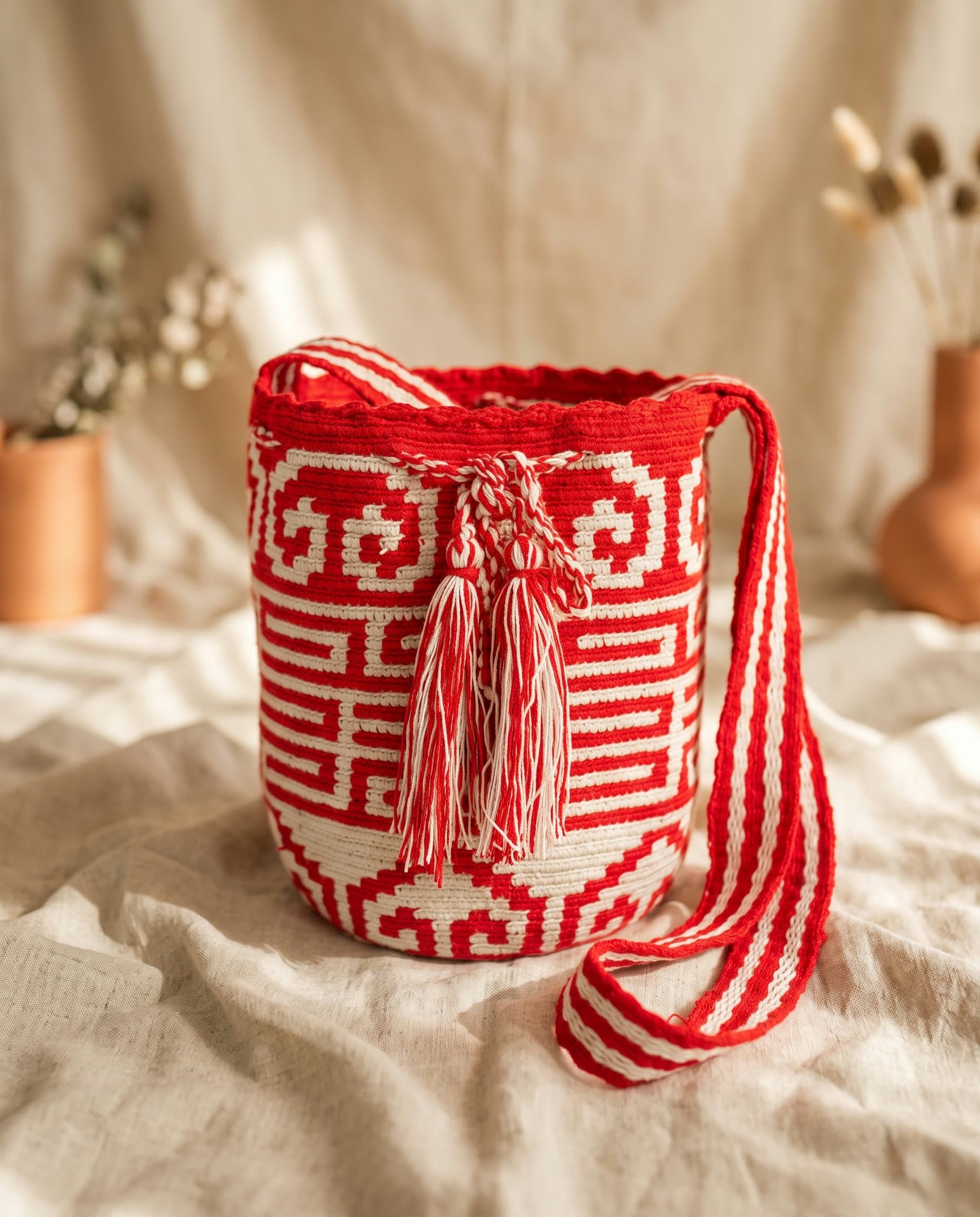 Handgewebte Wayuu-Mochila mit Greca- und Rautenmuster in Rot und Rohweiß