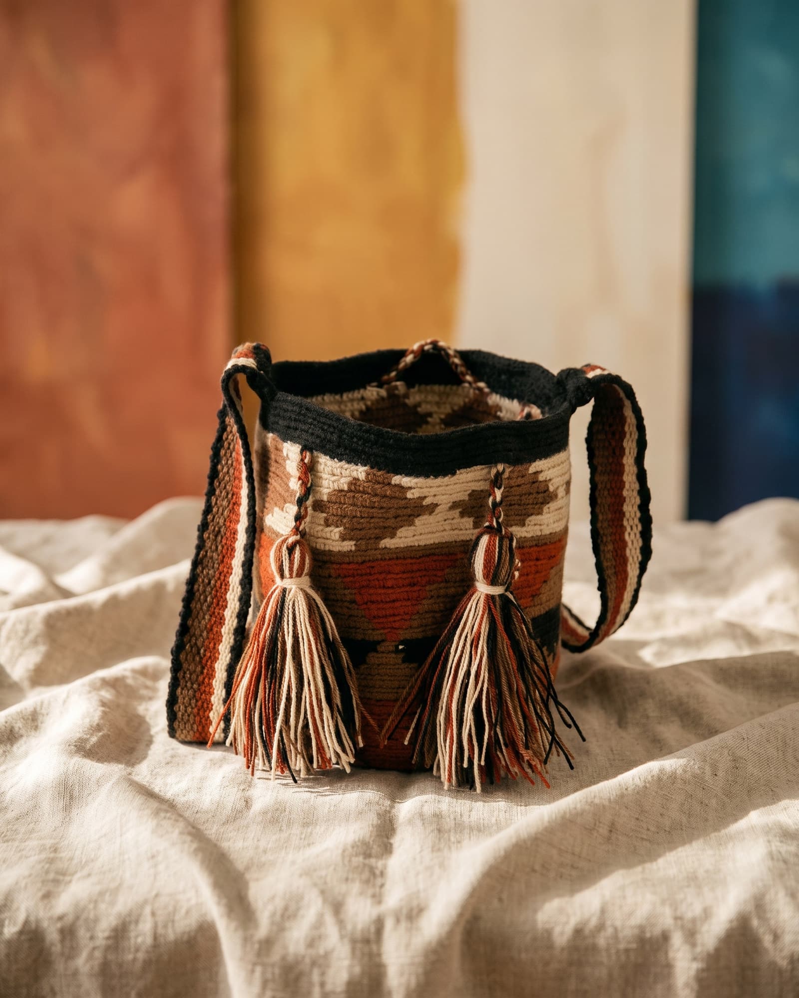 Mochila Mosaico in Rost, Braun und Creme mit schwarzem Rand, als Stillleben auf Leinen im warmen Tageslicht.