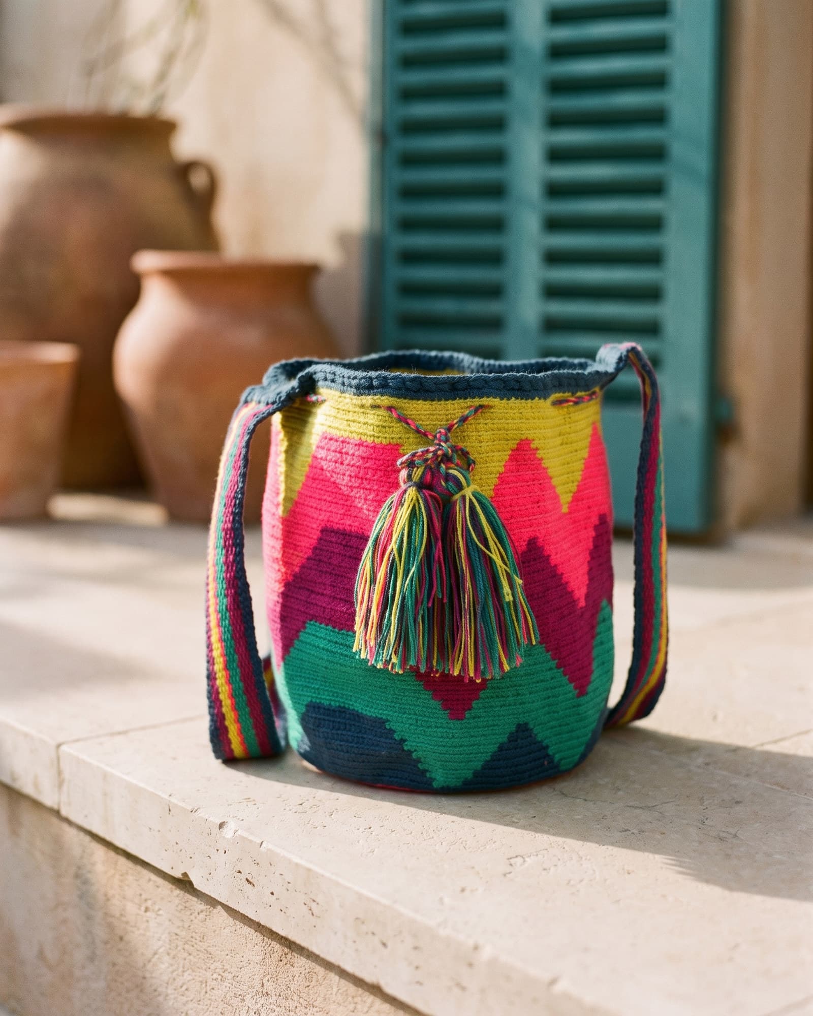 Mochila Zigzag in Zitronengelb, Neonpink und Grün mit dunkelblauem Rand, als Stillleben auf Leinen im warmen Tageslicht.