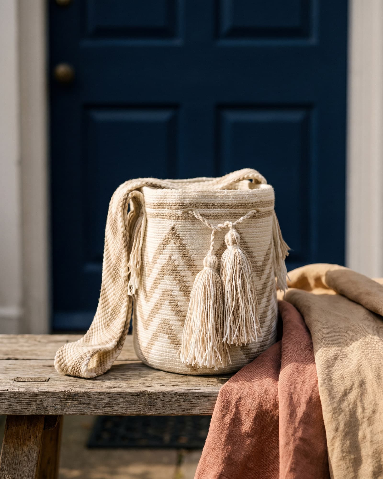 Mochila Zigzag in Elfenbein und Beige auf Leinen im warmen Tageslicht, gemusterter Henkel und zwei cremefarbene Quasten.