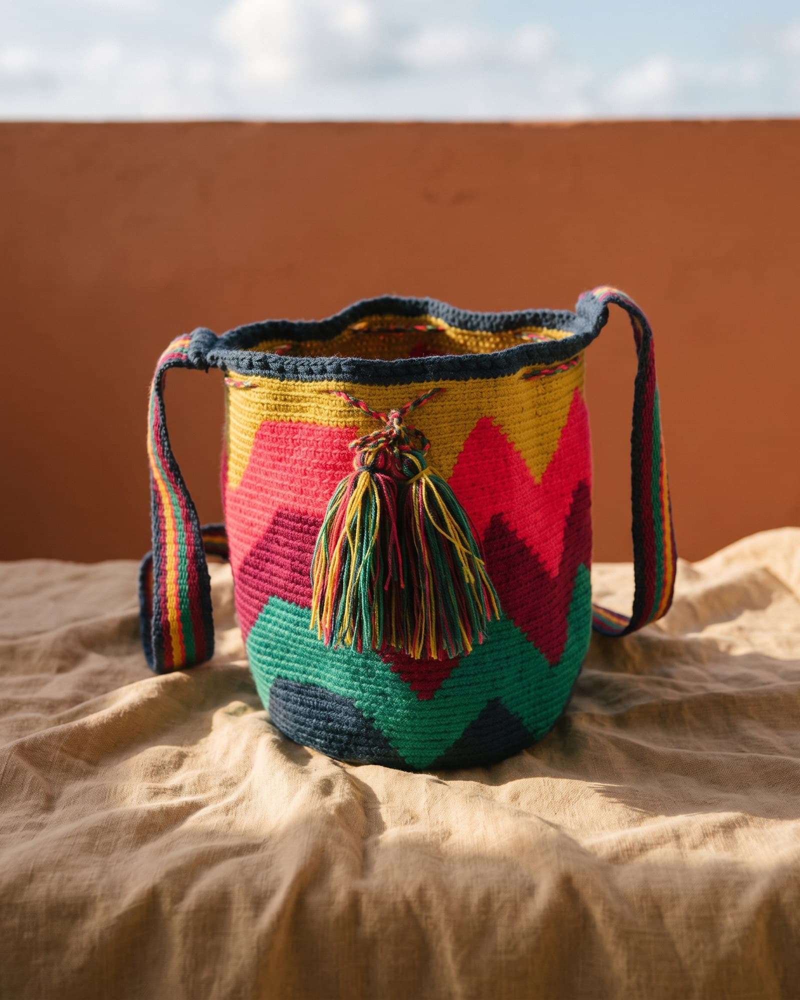 Mochila Zigzag in Senfgelb, Neonpink, Wein und Petrol mit marineblauem Rand, als Stillleben auf Leinen im warmen Tageslicht.