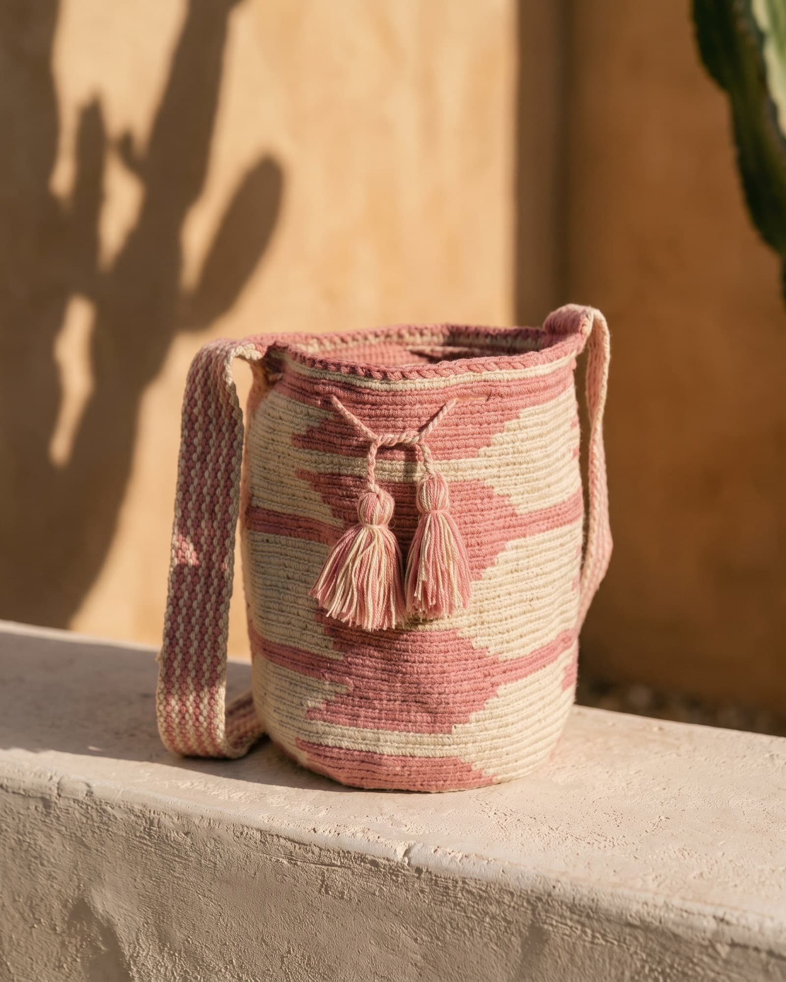 Mochila Zigzag in Altrosa und Creme auf Leinen im warmen Tageslicht, langer rosé Henkel, zwei helle Quasten am Zugband.