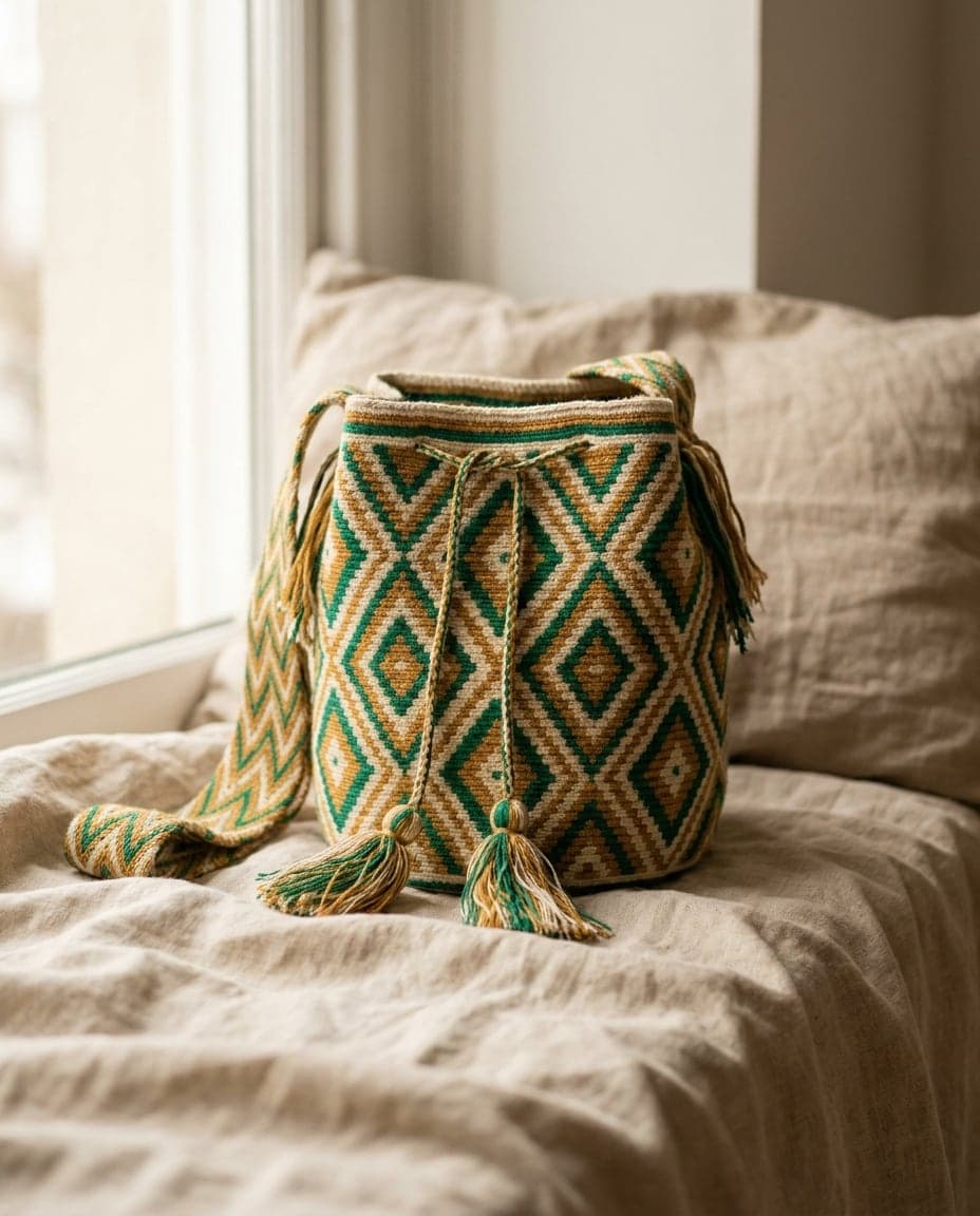 Handwoven Wayuu mochila Bahía in emerald green with a golden thread