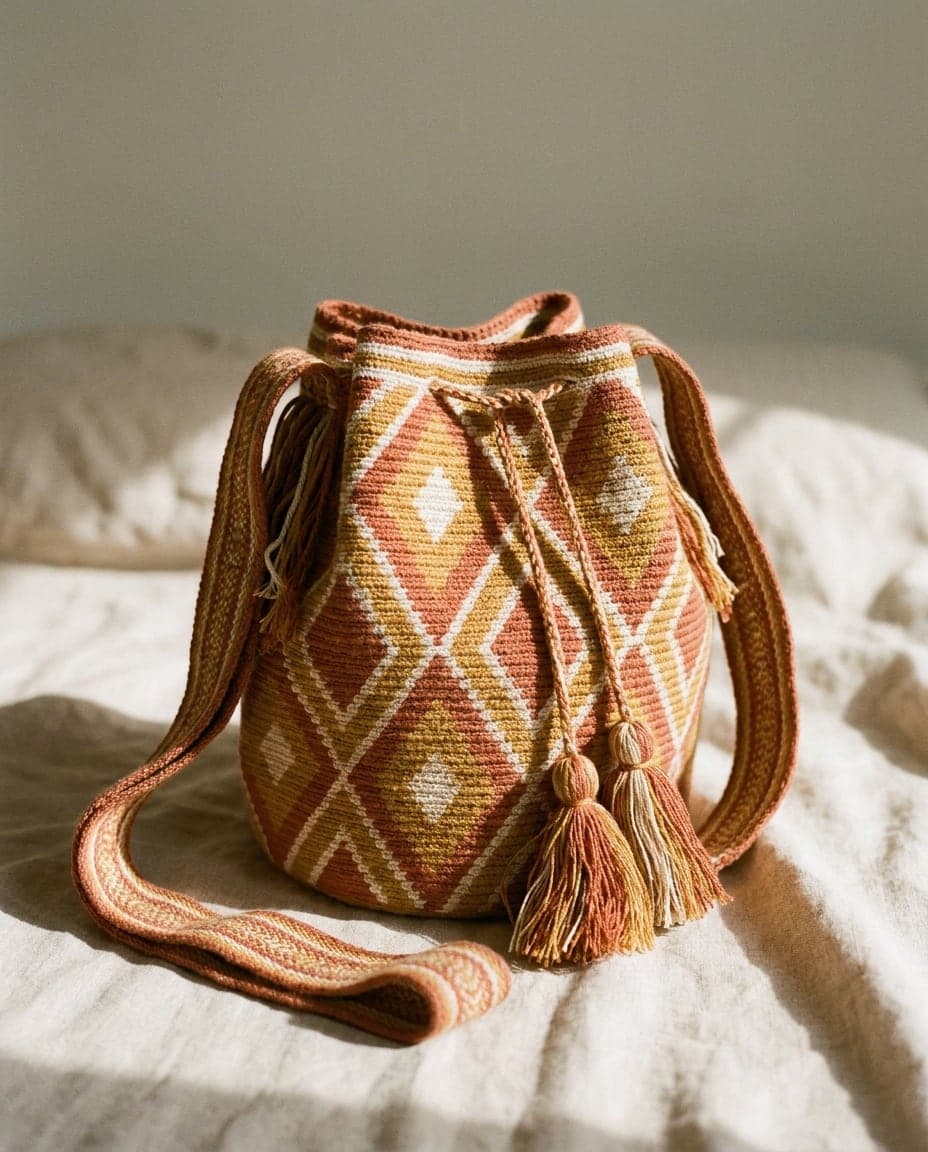 Handwoven Wayuu mochila Cabo in clay, ochre and cream