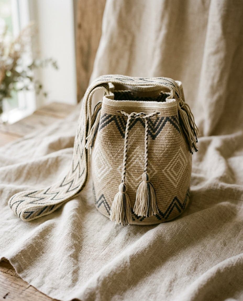 Handwoven Wayuu mochila Taroa in sand, cream and charcoal