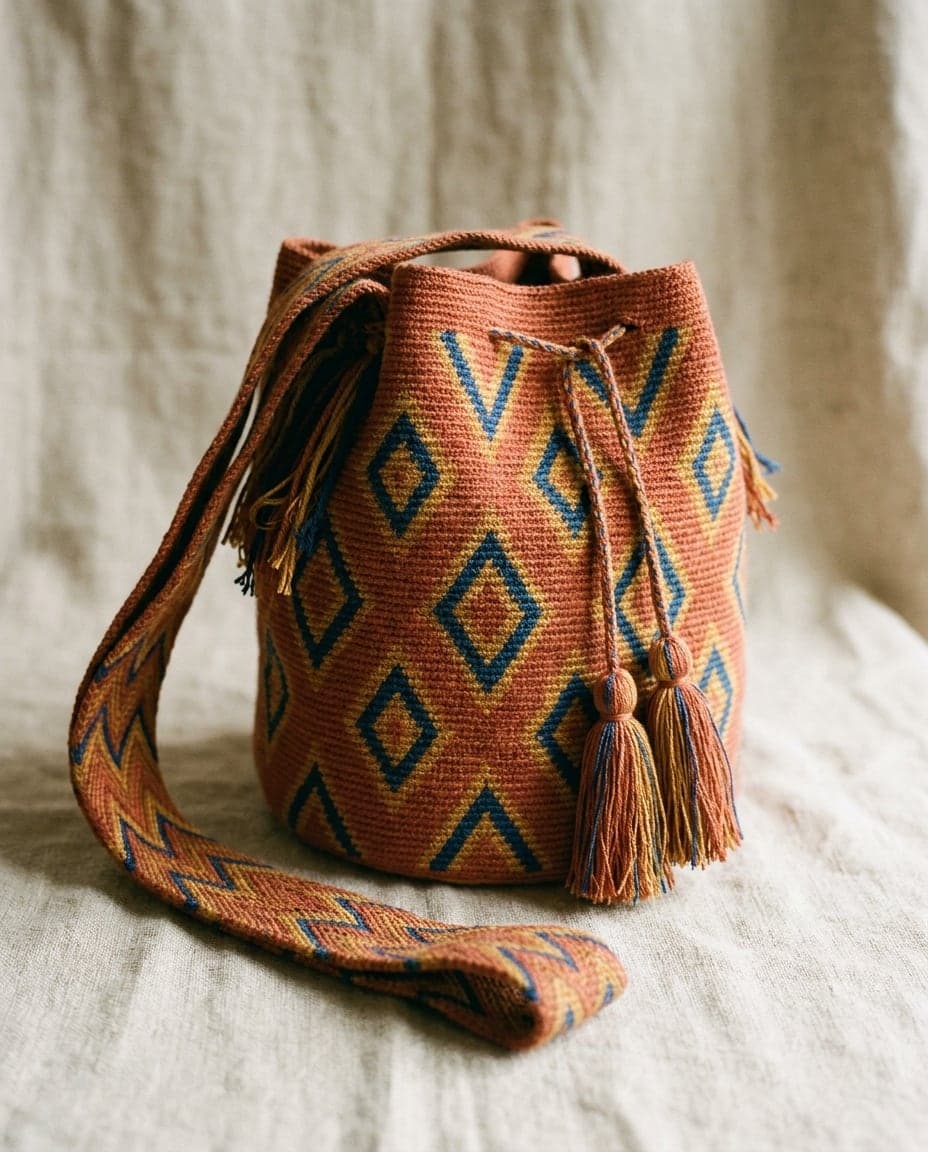 Single-thread Wayuu mochila Wayúu in clay, ochre and night blue
