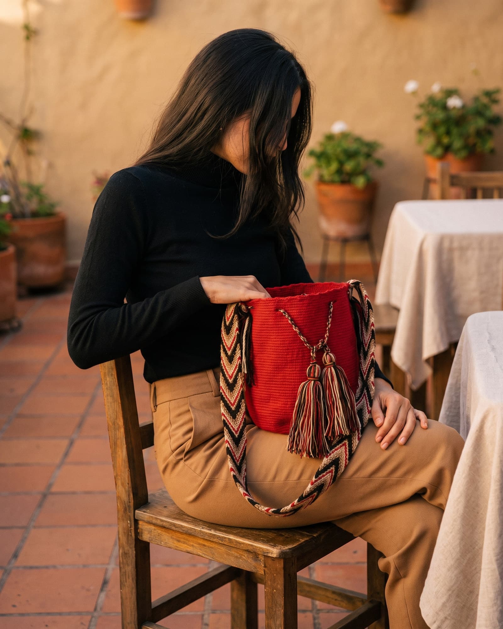 Frau mit abgewandtem Gesicht trägt die rote Mochila Lisa, der geflochtene Henkel verläuft über die Schulter.