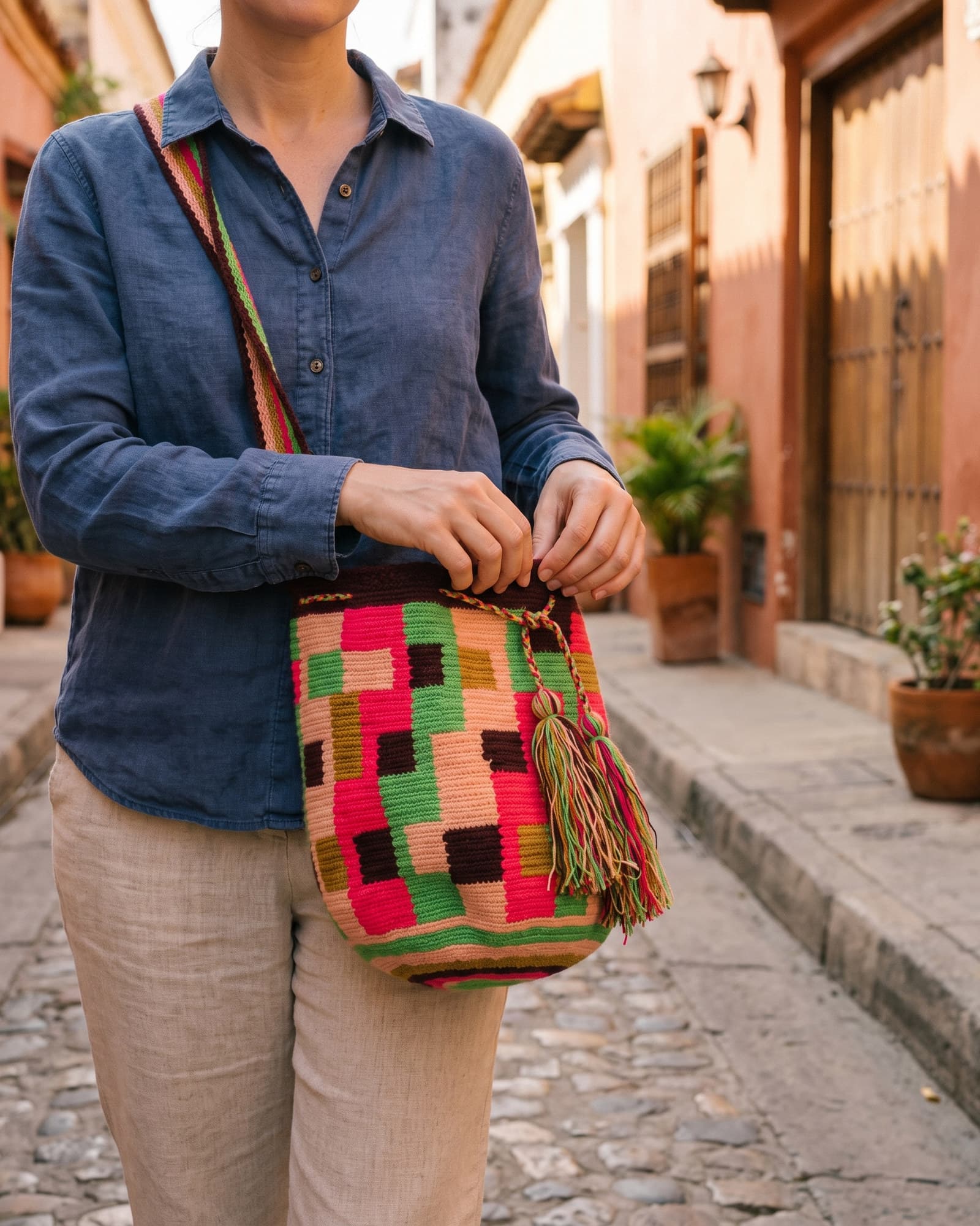 Frau mit abgewandtem Gesicht trägt die neonpinke Mochila Mosaico über der Schulter.