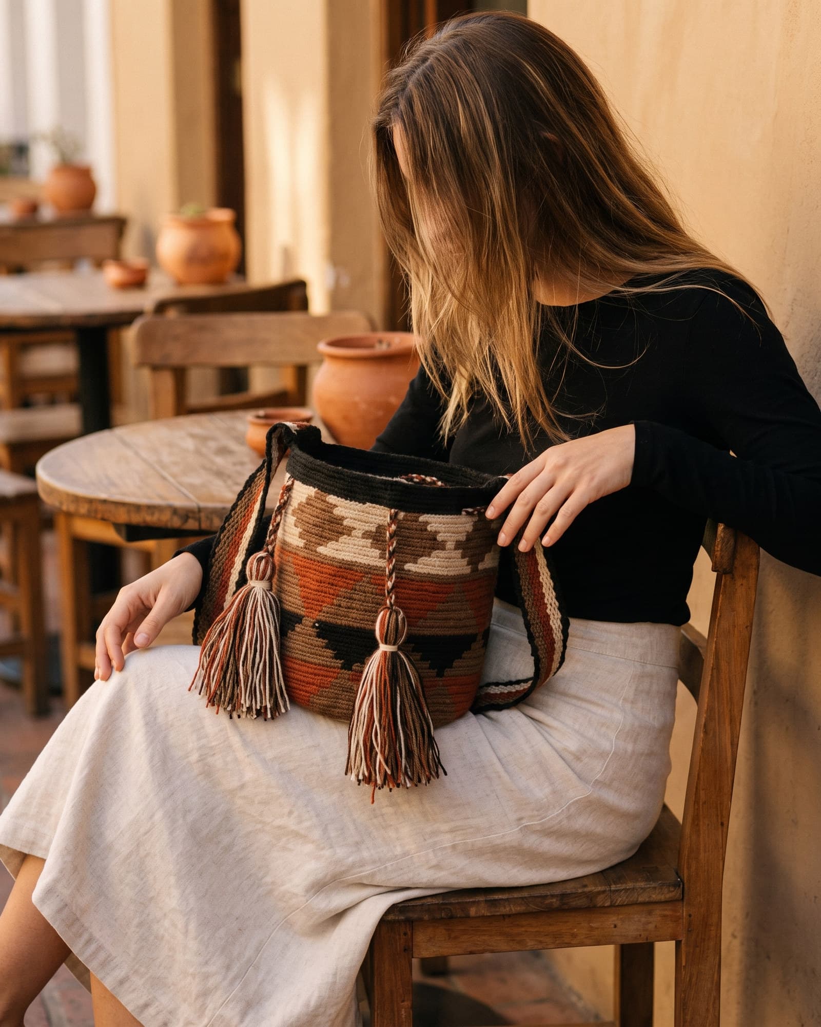 Frau mit abgewandtem Gesicht trägt die Mochila Mosaico in Rost und Braun über der Schulter.