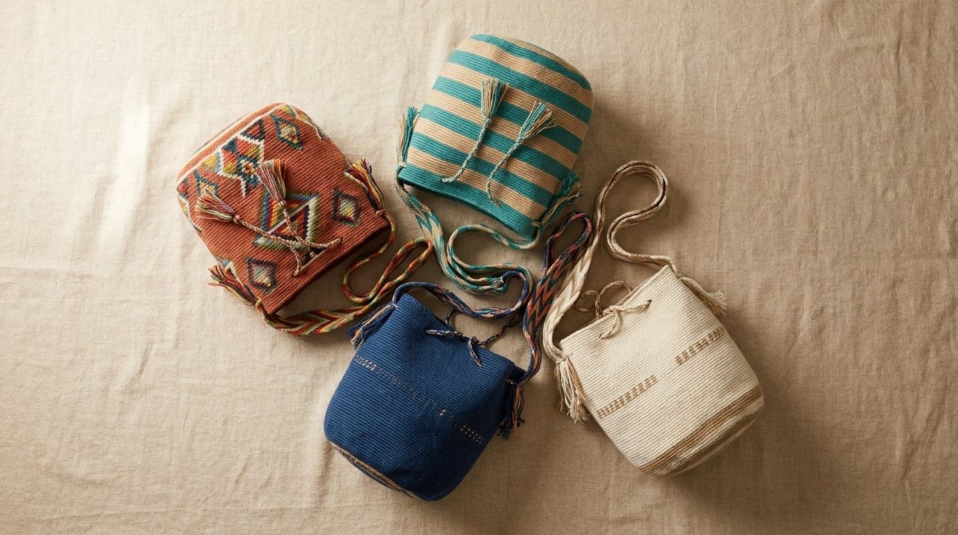 Four handwoven Wayuu mochilas on warm linen