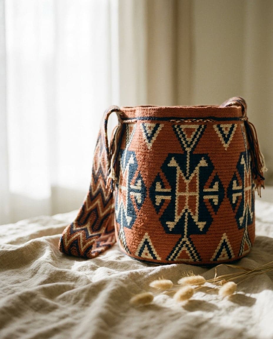Handwoven Wayuu mochila Guajira in terracotta, indigo and cream
