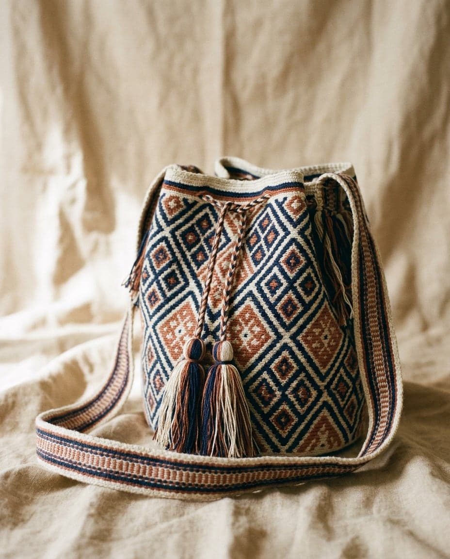 Handwoven Wayuu mochila Manaure in deep indigo with clay accents