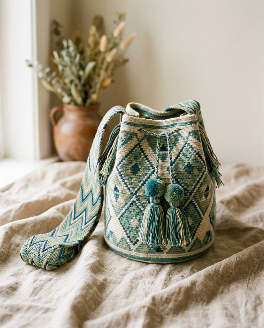 Handwoven Wayuu mochila Palomino in teal, sage and sand