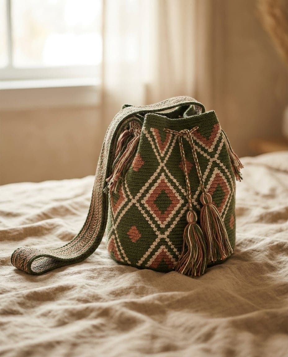 Single-thread Wayuu mochila Macuira in moss, clay and raw white